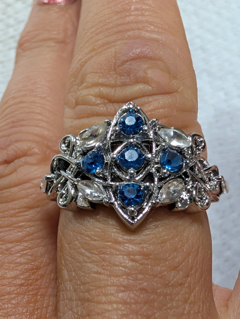 Blue & White Marquee Round Cut  Silver Dinner Ring Size 8